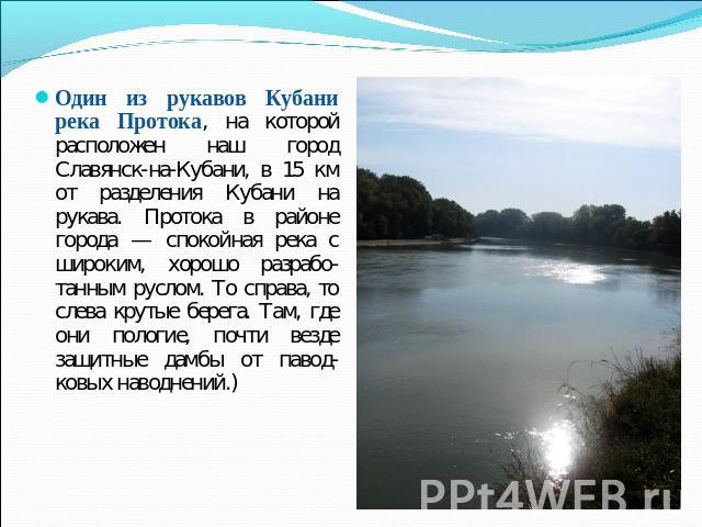 Один из рукавов Кубани река Протока, на которой расположен наш город Славянск-на-Кубани, в 15 км от разделения Кубани на рукава. Протока в районе города — спокойная река с широким, хорошо разрабо-танным руслом. То справа, то слева крутые берега. Там…