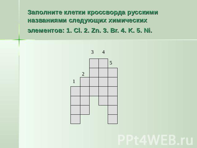 Заполните клетки кроссворда русскими названиями следующих химических элементов: 1. Cl. 2. Zn. 3. Br. 4. K. 5. Ni.
