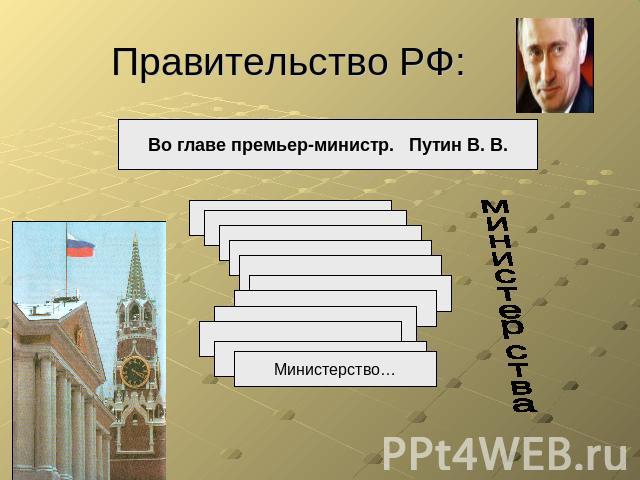 Правительство РФ: Во главе премьер-министр. Путин В. В.