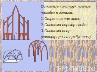 Основные конструктивныенаходки в готике:Стрельчатая арка;Система нервюр свода;Си