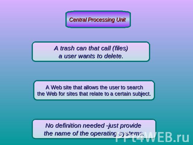 Central Processing Unit A trash can that call (files) a user wants to delete. A Web site that allows the user to searchthe Web for sites that relate to a certain subject.No definition needed -just provide the name of the operating systems.