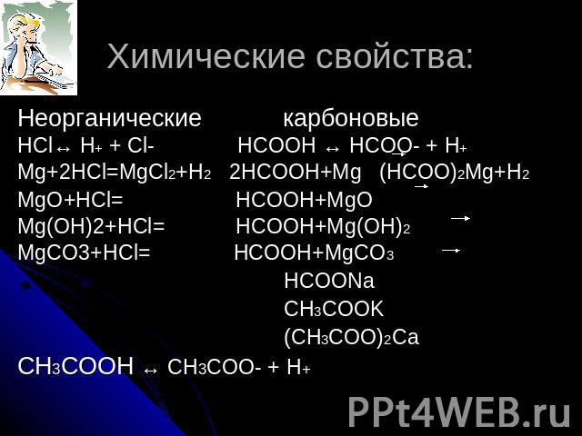 Химические свойства: Неорганические карбоновыеHCl↔ H+ + Cl- HCOOH ↔ HCOO- + H+Mg+2HCl=MgCl2+H2 2HCOOH+Mg (HCOO)2Mg+H2MgO+HCl= HCOOH+MgOMg(OH)2+HCl= HCOOH+Mg(OH)2MgCO3+HCl= HCOOH+MgCO3 HCOONa CH3COOK (CH3COO)2CaCH3COOH ↔ CH3COO- + H+