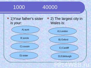 1000 40000 1)Your father’s sister is your:2) The largest city in Wales is: