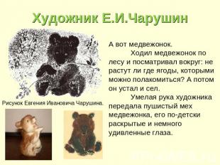 Художник Е.И.Чарушин А вот медвежонок. Ходил медвежонок по лесу и посматривал во