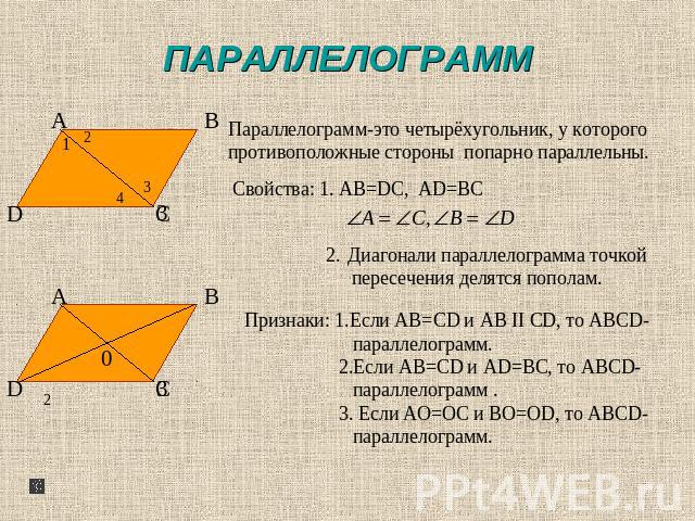 ПАРАЛЛЕЛОГРАММ Параллелограмм-это четырёхугольник, у которого противоположные стороны попарно параллельны.Диагонали параллелограмма точкой пересечения делятся пополам.Признаки: 1.Если АВ=CD и AB II CD, то ABCD- параллелограмм. 2.Если AB=CD и AD=BC, …