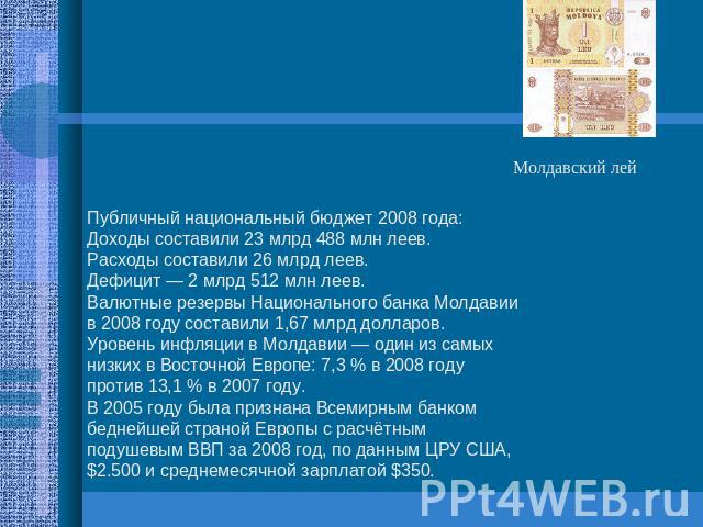 Молдавский лейПубличный национальный бюджет 2008 года:Доходы составили 23 млрд 488 млн леев. Расходы составили 26 млрд леев. Дефицит — 2 млрд 512 млн леев. Валютные резервы Национального банка Молдавии в 2008 году составили 1,67 млрд долларов.Уровен…