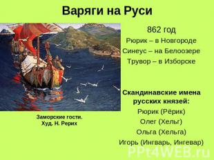 Варяги на Руси 862 годРюрик – в НовгородеСинеус – на БелоозереТрувор – в Изборск