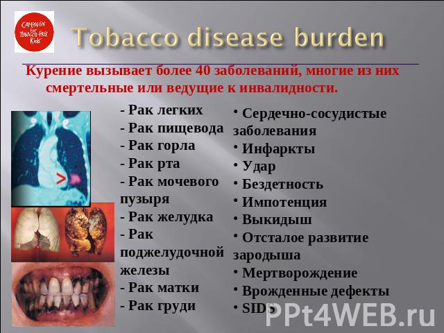 Tobacco disease burden Курение вызывает более 40 заболеваний, многие из них смертельные или ведущие к инвалидности. - Рак легких - Рак пищевода  - Рак горла  - Рак рта - Рак мочевого пузыря  - Рак желудка  - Рак поджелудочной железы  - Рак матки  - …
