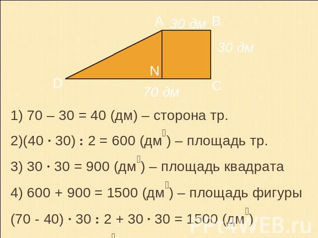 1) 70 – 30 = 40 (дм) – сторона тр.2)(40 · 30) : 2 = 600 (дм₂) – площадь тр.3) 30 · 30 = 900 (дм₂) – площадь квадрата4) 600 + 900 = 1500 (дм₂) – площадь фигуры(70 - 40) · 30 : 2 + 30 · 30 = 1500 (дм₂) Ответ: 1500 дм₂- площадь фигуры.