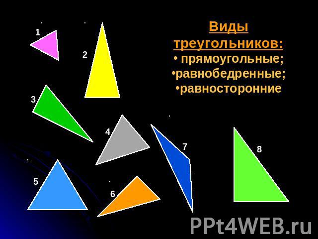 Виды треугольников: прямоугольные;равнобедренные;равносторонние