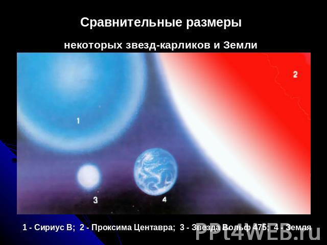 Сравнительные размеры некоторых звезд-карликов и Земли 1 - Сириус В;  2 - Проксима Центавра;  3 - Звезда Вольф 475;  4 - Земля