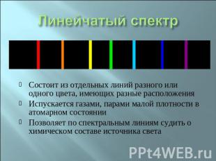 Линейчатый спектр Состоит из отдельных линий разного или одного цвета, имеющих р