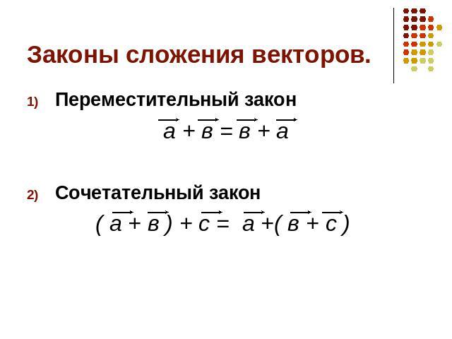 Законы сложения векторов. Переместительный закона + в = в + аСочетательный закон( а + в ) + с = а +( в + с )