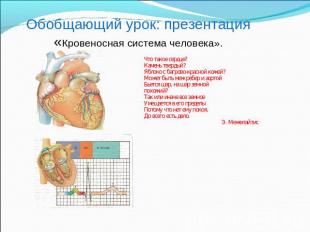 Обобщающий урок: презентация «Кровеносная система человека». Что такое сердце?Ка