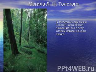 Могила Л. Н. Толстого В последние годы жизни Толстой часто просил похоронить его