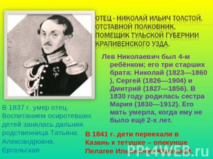 Отец - Николай Ильич Толстой, отставной полковник, помещик Тульской губернии Кра