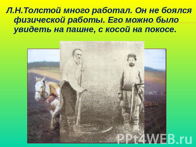 Л.Н.Толстой много работал. Он не боялся физической работы. Его можно было увидеть на пашне, с косой на покосе.