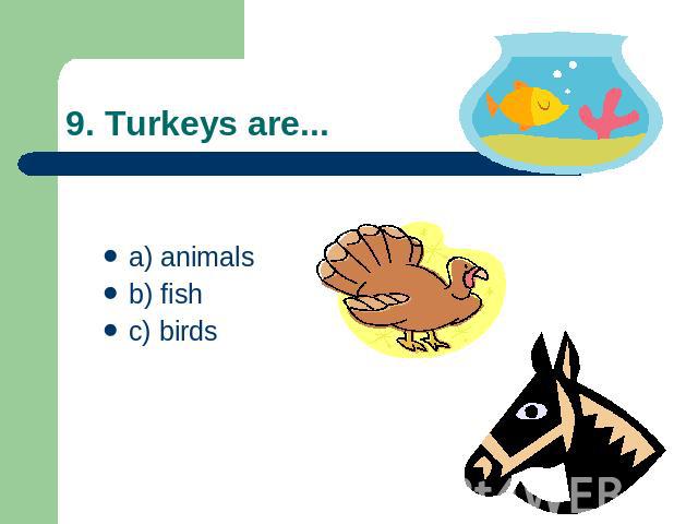 9. Turkeys are... a) animalsb) fishc) birds