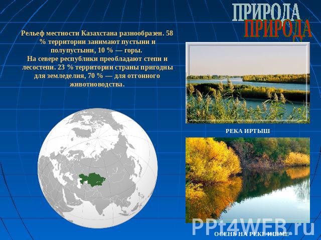 Рельеф местности Казахстана разнообразен. 58 % территории занимают пустыни и полупустыни, 10 % — горы. На севере республики преобладают степи и лесостепи. 23 % территории страны пригодны для земледелия, 70 % — для отгонного животноводства.