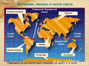 Материки, океаны и части света Подпишите на контурной карте названия материков и