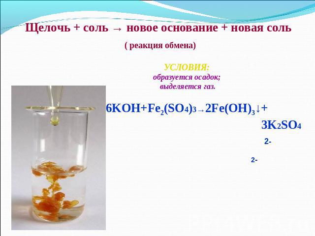 Щелочь + соль → новое основание + новая соль ( реакция обмена) УСЛОВИЯ: образуется осадок; выделяется газ.6KOH+Fe2(SO4)3→2Fe(OH)3↓+ 3K2SO4