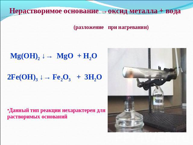 Нерастворимое основание →оксид металла + вода (разложение при нагревании)Mg(OH)2 ↓→ MgO + H2O2Fe(OH)3 ↓→ Fe2O3 + 3H2OДанный тип реакции нехарактерен для растворимых оснований
