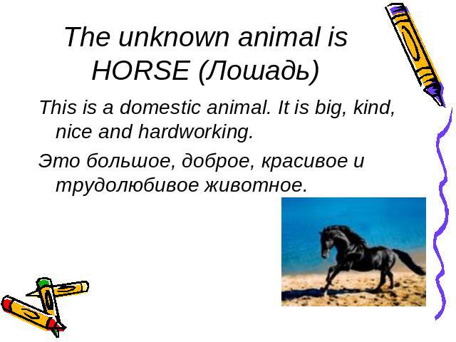 The unknown animal is HORSE (Лошадь) This is a domestic animal. It is big, kind, nice and hardworking.Это большое, доброе, красивое и трудолюбивое животное.