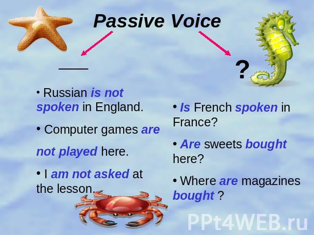 Passive Voice Russian is not spoken in England. Computer games are not played here. I am not asked at the lesson. Is French spoken in France? Are sweets bought here? Where are magazines bought ?