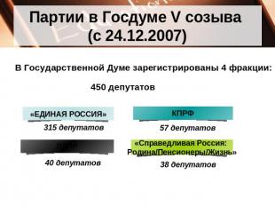 Партии в Госдуме V созыва (с 24.12.2007) В Государственной Думе зарегистрированы