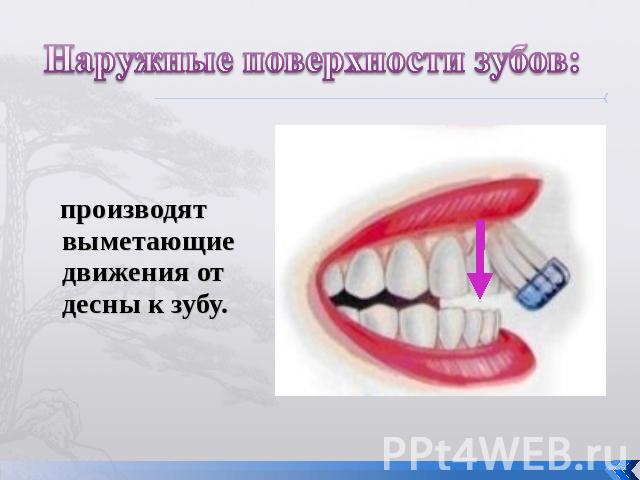 Наружные поверхности зубов: производят выметающие движения от десны к зубу.