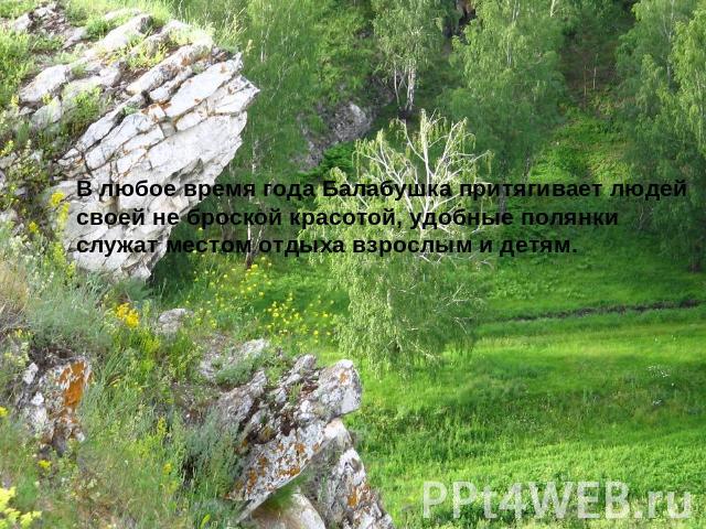 В любое время года Балабушка притягивает людей своей не броской красотой, удобные полянки служат местом отдыха взрослым и детям.