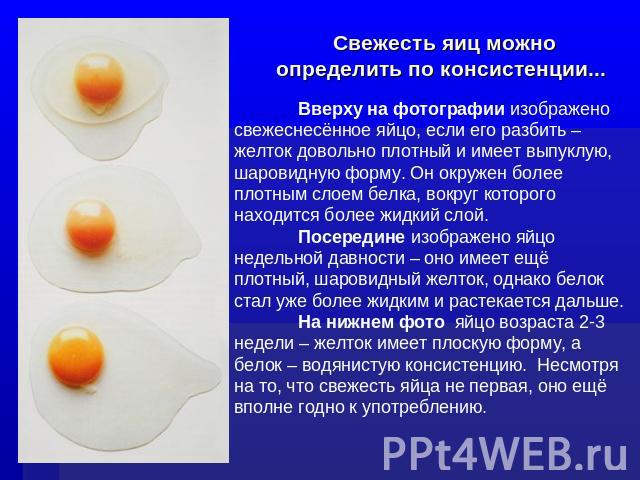Свежесть яиц можно определить по консистенции... Вверху на фотографии изображено свежеснесённое яйцо, если его разбить – желток довольно плотный и имеет выпуклую, шаровидную форму. Он окружен более плотным слоем белка, вокруг которого находится боле…