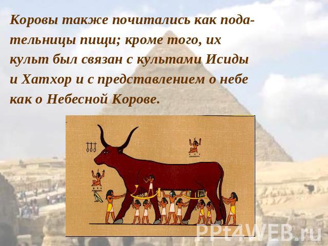 Коровы также почитались как пода-тельницы пищи; кроме того, их культ был связан с культами Исиды и Хатхор и с представлением о небе как о Небесной Корове.