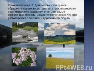 Стихи о природе Н.Г. Доможакова – это прямое обращение к рекам, горам, цветам, с