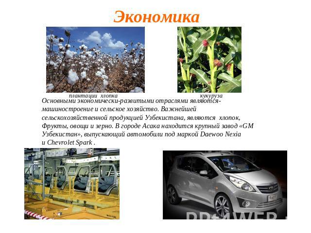 Экономика Основными экономически-развитыми отраслями являются- машиностроение и сельское хозяйство. Важнейшей сельскохозяйственной продукцией Узбекистана, являются  хлопок, Фрукты, овощи и зерно. В городе Асака находится крупный завод «GM Узбекистан…