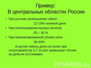 Пример: В центральных областях России При ручном сенокошении гибнет 12-15% полев