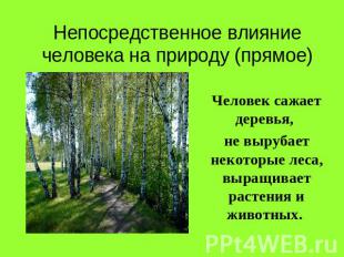 Непосредственное влияние человека на природу (прямое) Человек сажает деревья, не