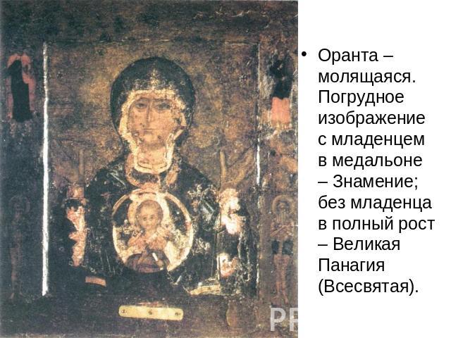 Оранта – молящаяся. Погрудное изображение с младенцем в медальоне – Знамение; без младенца в полный рост – Великая Панагия (Всесвятая).
