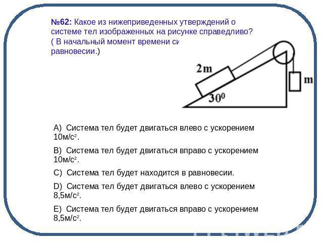 №62: Какое из нижеприведенных утверждений о системе тел изображенных на рисунке справедливо? ( В начальный момент времени система находится в равновесии.)