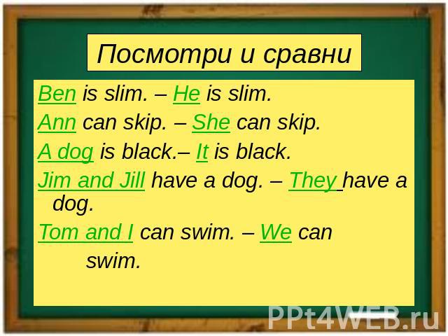 Посмотри и сравниBen is slim. – He is slim.Ann can skip. – She can skip.A dog is black.– It is black.Jim and Jill have a dog. – They have a dog.Tom and I can swim. – We can swim.
