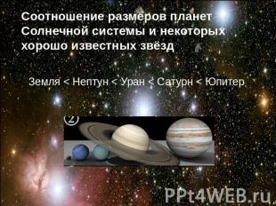 Соотношение размеров планет Солнечной системы и некоторых хорошо известных звёзд