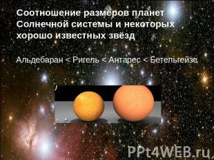 Соотношение размеров планет Солнечной системы и некоторых хорошо известных звёзд