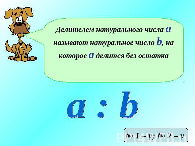 Делителем натурального числа а называют натуральное число b, на которое а делится без остатка