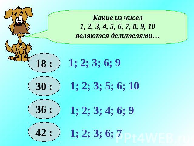 Какие из чисел1, 2, 3, 4, 5, 6, 7, 8, 9, 10являются делителями…