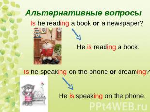 Альтернативные вопросыIs he reading a book or a newspaper?He is reading a book.I
