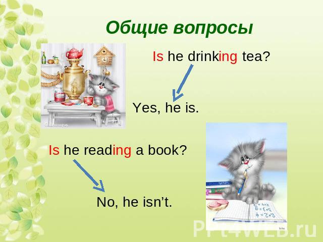 Общие вопросы Is he drinking tea?Yes, he is. Is he reading a book? No, he isn’t.