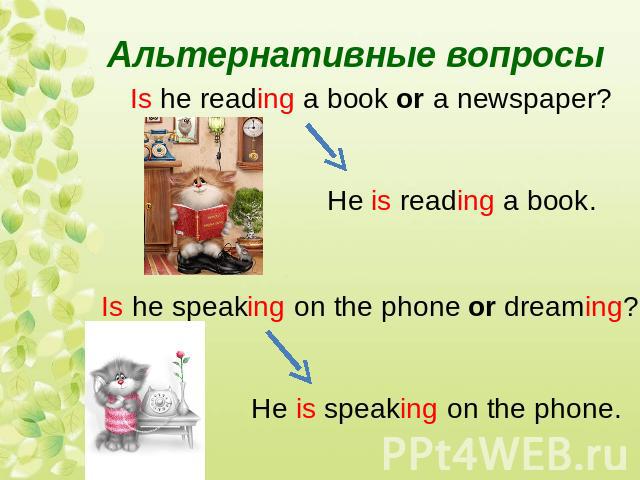 Альтернативные вопросыIs he reading a book or a newspaper?He is reading a book.Is he speaking on the phone or dreaming?He is speaking on the phone.