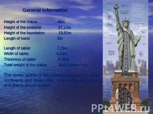 General InformationHeight of the statue 46mHeight of the pedestal 27,13mHeight o