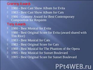 Grammy Awards1980 - Best Cast Show Album for Evita1983 - Best Cast Show Album fo