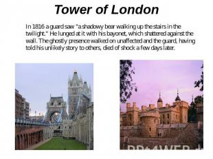 Tower of London In 1816 a guard saw "a shadowy bear walking up the stairs in the